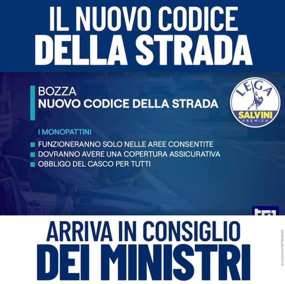 Domani il Ministri delle Infrastrutture Matteo Salvini presenterà in CDM l'ordine del giorno previsto per il nuovo codice della strada. @FratellidItalia annuncia il suo voto a favore.