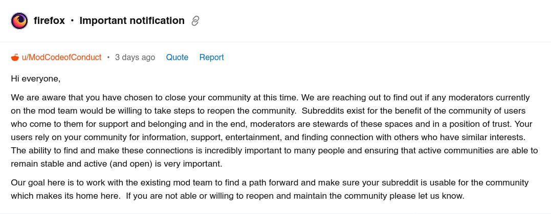 ShadowStars22's tweet photo. I wonder what @firefox feels about the subreddit with their name being either forced open and forced labor or given to Scabs. Doesn't look good for brands. #StrikeBreaking #Protest #RedditBlackout https://t.co/l9et7IFVYI