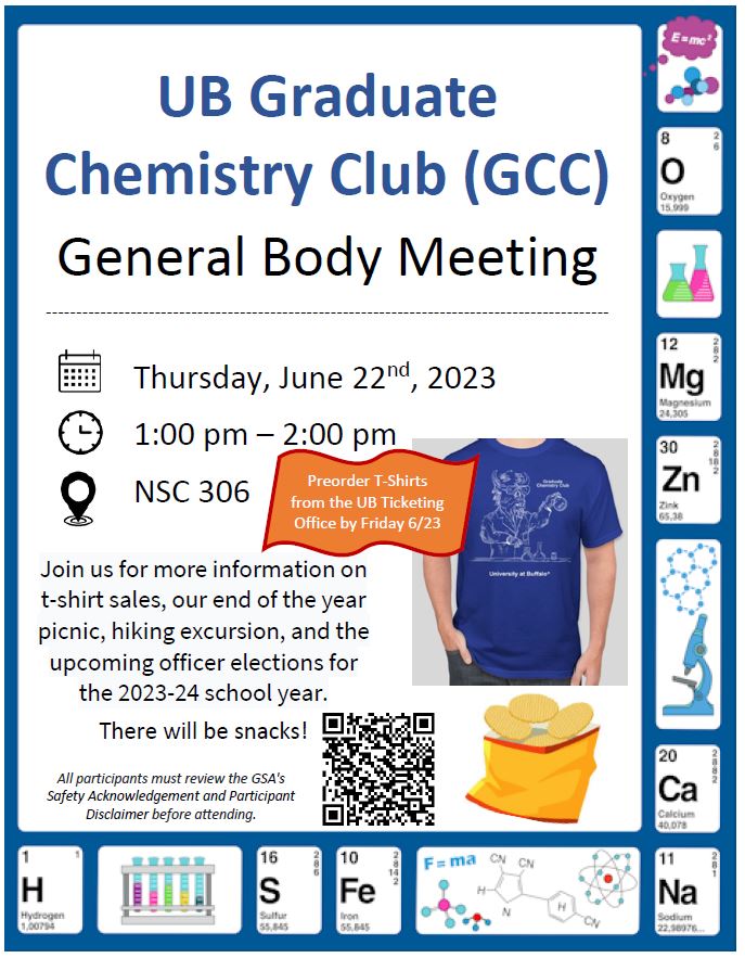 GCC Meeting Thursday 6/22 at 1:00 pm in NSC 306. We will be discussing our end of the year picnic at Ellicott Creek Park, hiking trip, and elections for the 2023-2024 Club Officers. Come hang out and have some snacks with your fellow grad students!