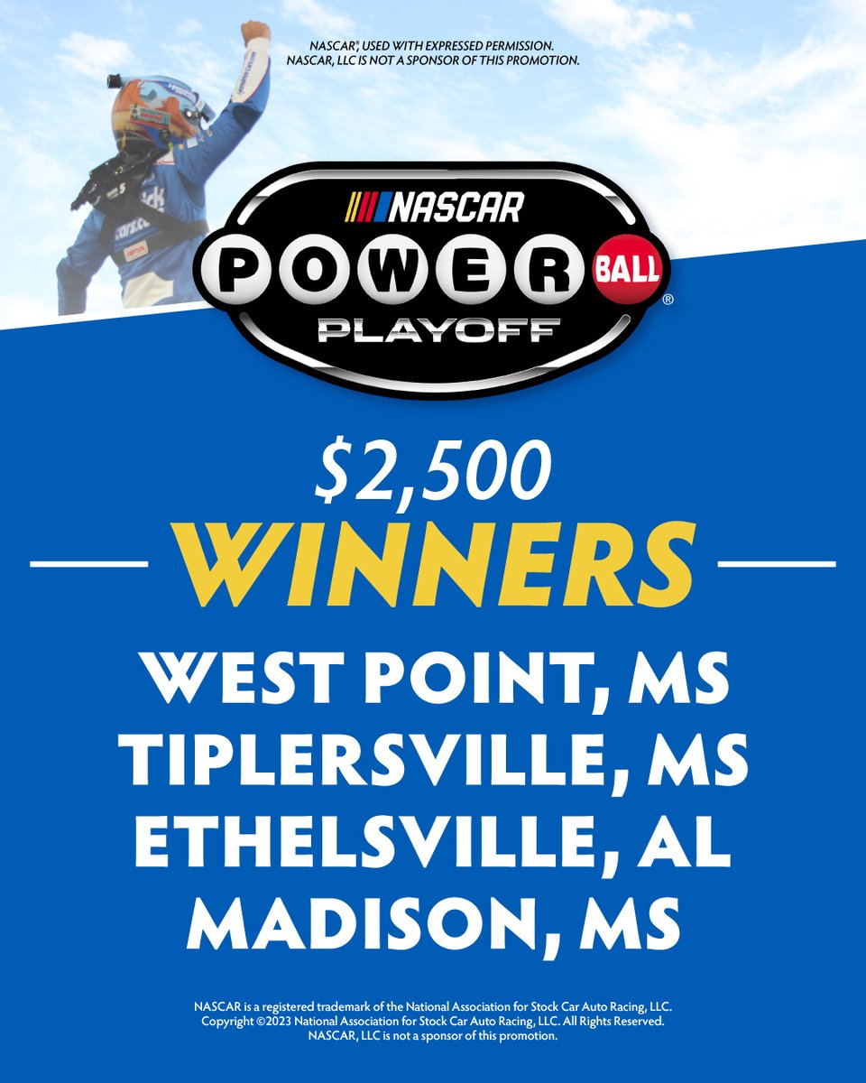 The 5th drawing for the NASCAR Powerball promotion occurred today! Congrats to today's winners! Check your mail! If you’re not a Mississippi Lottery Insider, sign up today for the link for the FINAL drawing on July 5! #havefunyall https://t.co/zjsc3yhyZg