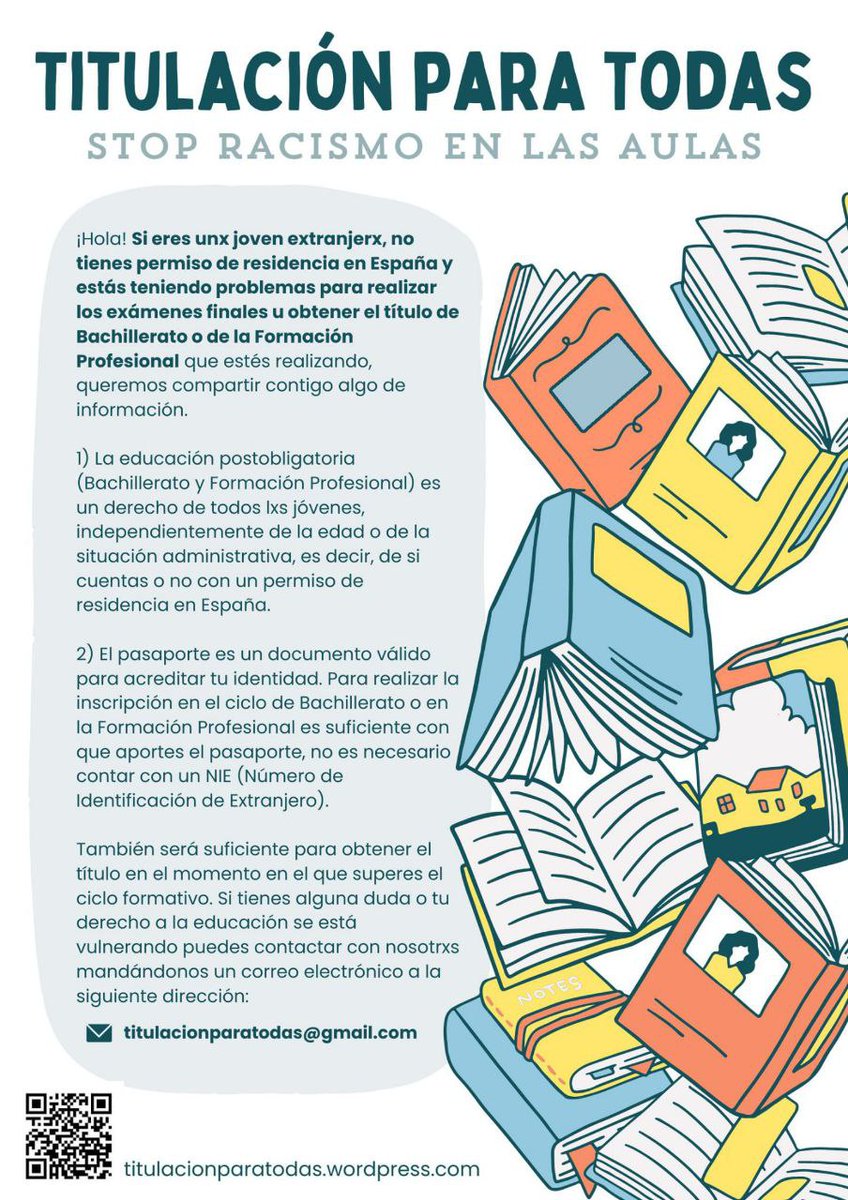 ⚠️ Alumna, ¿te han comunicado que no puedes titular sin papeles?
⚠️ Profe, ¿tienes alumnado sin papeles que no puede finalizar su bachillerato o FP?

En estos días se está decidiendo la titulación de muchas alumnas. Compartimos información importante de un grupo de profes 👇🏿.