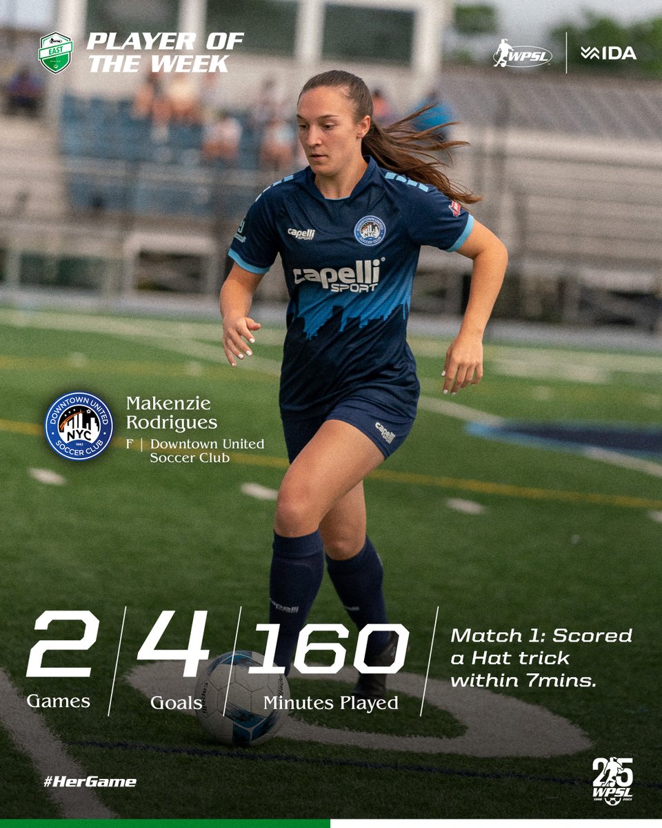 Makenzie Rodrigues of <a href="/DUSC_Women/">DUSC Women</a> tallies four goals in back-to-back games over the weekend, including a seven-minute hat trick. This performance earns Rodrigues our #WPSLEast 𝗣𝗹𝗮𝘆𝗲𝗿 𝗼𝗳 𝘁𝗵𝗲 𝗪𝗲𝗲𝗸 honors presented by <a href="/idasportsco/">IDA</a> 

#HerGame