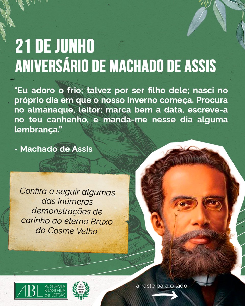 🎉 Feliz aniversário, Machado de Assis! 🎉 

Hoje, 21 de junho, celebramos o nascimento do eterno Bruxo do Cosme Velho, um dos maiores escritores da literatura brasileira.
