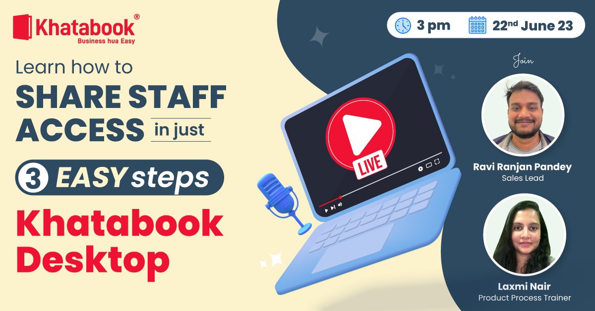 Want to add your staff to your business? 👈
Learn how to give them view and edit access easily! Join us for an exciting LIVE session on Khatabook’s YouTube channel with Ravi Ranjan Pandey and Laxmi Nair tomorrow at 3 PM.
#YouTubeLive #khatabook #khatabookdesktop #staffaccess