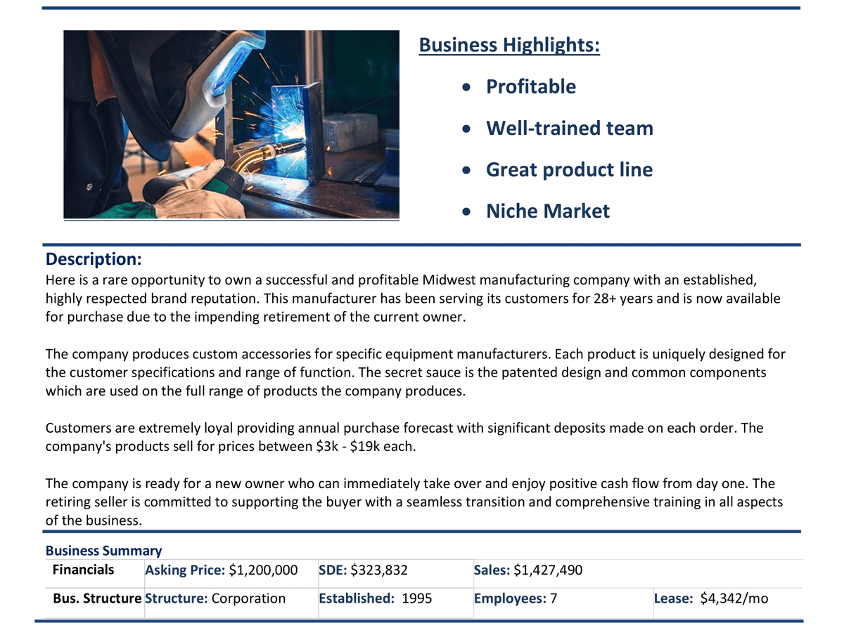 Excellent opportunity to purchase a profitable 28+ year Midwest manufacturing company!  For more info, contact Steve Denny at sdenny@innovativeba.com or 800-767-2465 x110.

#manufacturingbusiness #businessforsale
