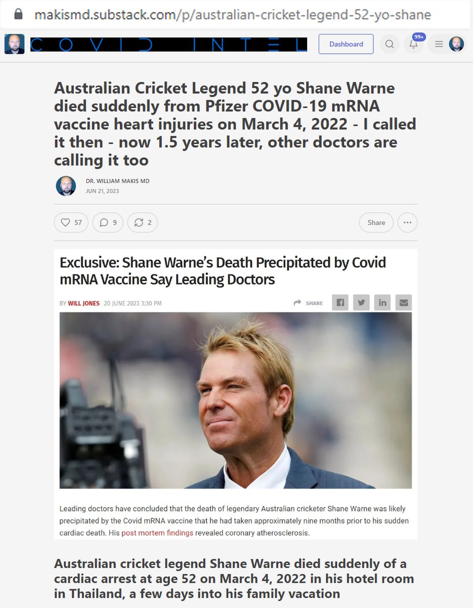 Australian Cricket Legend 52 yo Shane Warne died suddenly from Pfizer COVID-19 mRNA vaccine heart injuries on March 4, 2022

I called it then - now 1.5 years later, other doctors like @DrAseemMalhotra are calling it too!

I was silenced on Twitter the very next day, suspended for…