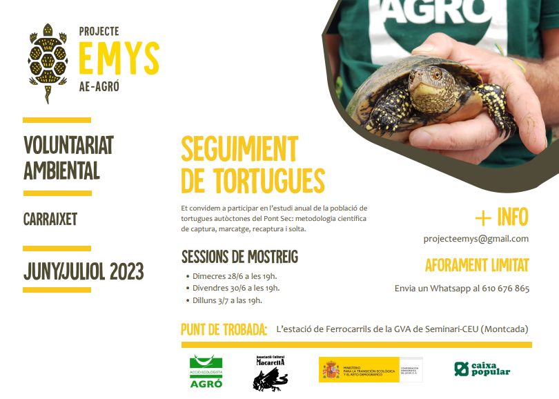 Torna el voluntariat ambiental "Projecte Emys" al Carraixet. T'apuntes? 🐢🐢🐢 <a href="/AEAgro/">AccióEcologista Agró</a> <a href="/perlhorta/">Per L'Horta 🍉</a> <a href="/jovesnet/">Xarxa JOVES.net</a>
