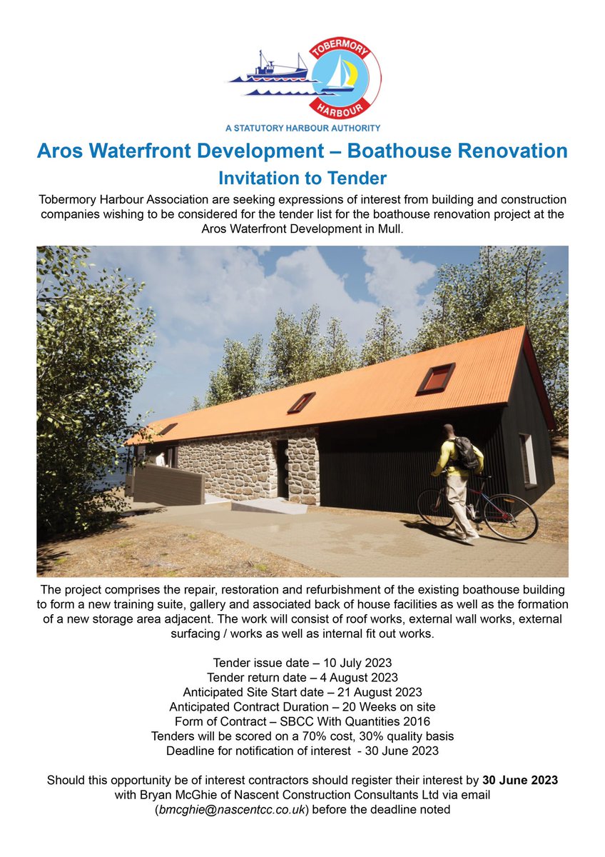 We are now seeking expressions of interest from building and construction companies wishing to tender for the Boathouse Renovation project at Aros Waterfront. Details 👇#tobermory #mull #Construction #building #communitywealthbuilding #communityled