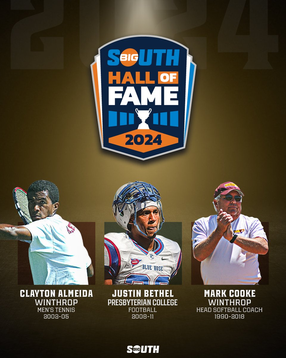 𝐇𝐀𝐋𝐋 𝐎𝐅 𝐅𝐀𝐌𝐄𝐑𝐒 🏅 Introducing the '24 @BigSouthSports Hall of Fame Class! 🔹 𝗖𝗟𝗔𝗬𝗧𝗢𝗡 𝗔𝗟𝗠𝗘𝗜𝗗𝗔, @WUEagles 🔸 𝗝𝗨𝗦𝗧𝗜𝗡 𝗕𝗘𝗧𝗛𝗘𝗟, @BlueHoseSports 🔹 𝗠𝗔𝗥𝗞 𝗖𝗢𝗢𝗞𝗘, @WUEagles 📝: bit.ly/3Joy0Tg #BigSouthMade