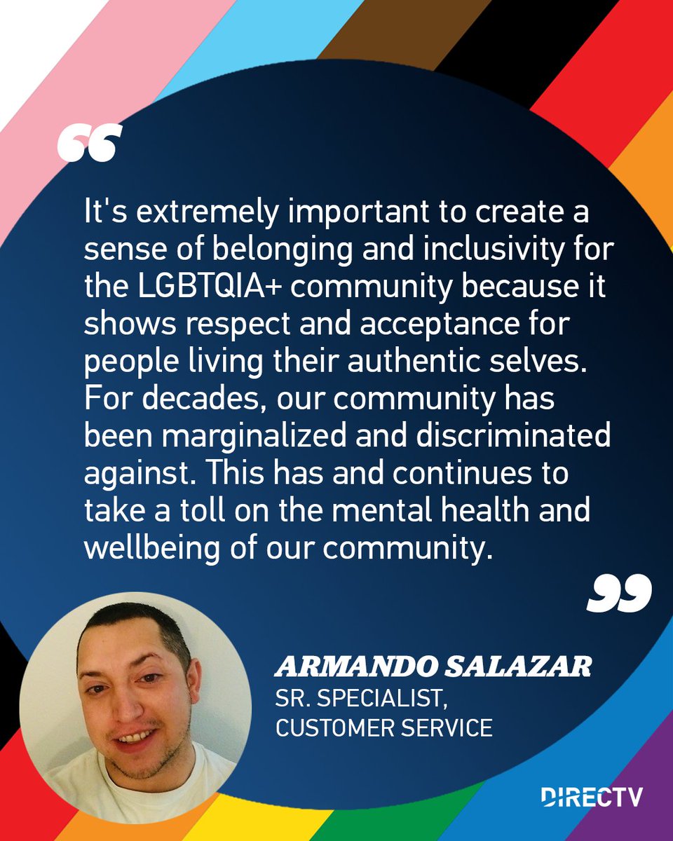 WeAreDIRECTV's tweet photo. This PRIDE Month, and all year long, @DIRECTV celebrates the diversity and unique talents of our incredible employees.
 
Thank you to James and Armando for sharing their thoughts on #Pride. #WeAreDIRECTV #DIRECTVCares https://t.co/8NOOl7AYBo