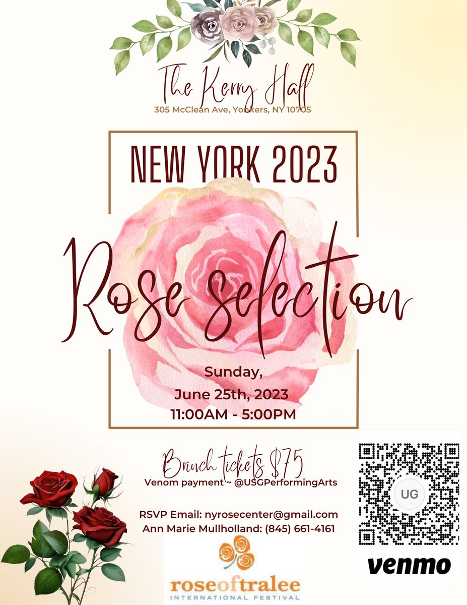 The New York Rose of Tralee Center invites you to join us for the 2023 NEW YORK ROSE SELECTION, to be held Sunday, June 25th at The Kerry Hall, 305 McLean Ave., Yonkers. Brunch Tickets must be purchased in advance (Reserve your tickets by emailing NYRoseCenter@gmail.com)