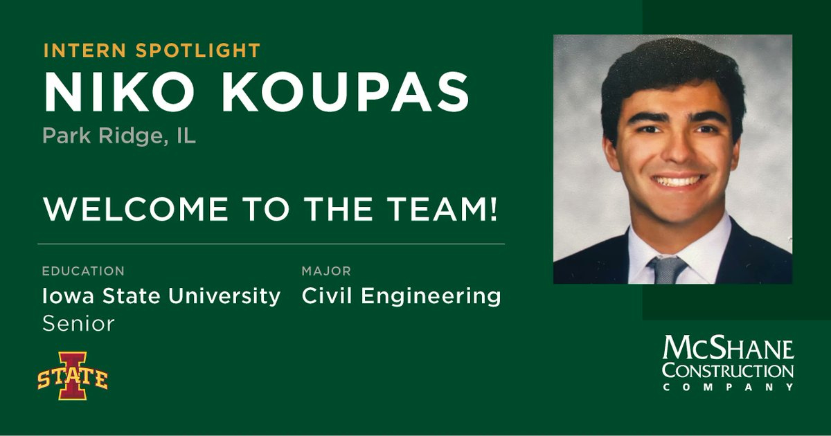 Next up for our #InternSpotlight series we have Niko Koupas, a senior at @IowaStateU. He is a Project Management Intern working with the industrial team in our Chicago office this summer. 

#MCCMidwest #SummerInterns #ConstructionInterns