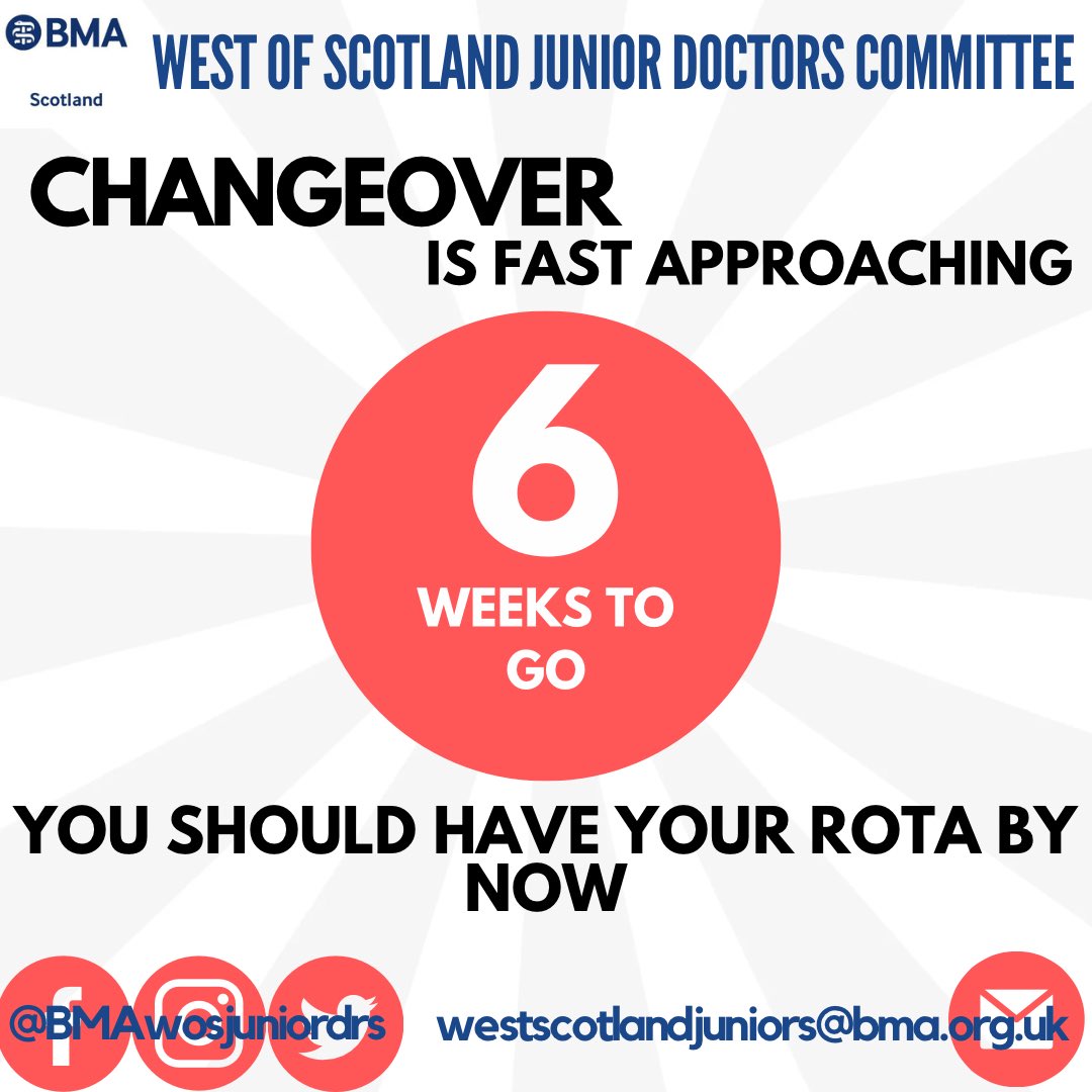 It’s now 6 weeks until August changeover. You should have your new rota by now.

If you don’t, let <a href="/BMAScotland/">BMA Scotland</a> know using this rota reporting tool - forms.office.com/e/dGVQz8ZMBM.

You can find this link &amp; info about rotas/other key issues on our new linktree (in bio).

#JnrDocRights