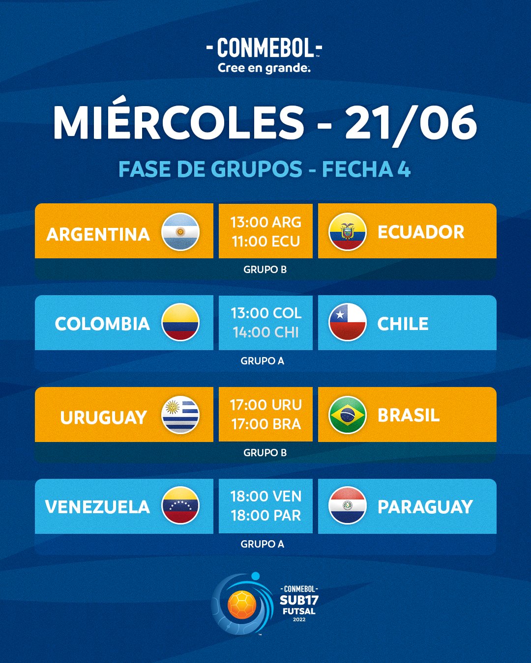 CONMEBOL.com on X: ¡Agéndalo! Los partidos de este domingo en la CONMEBOL  #Sub17FS 2022. 📆 Agende-se! Os jogos deste domingo na CONMEBOL #Sub17FS  2022. ⏳ #CreeEnGrande #AcrediteSempre  / X