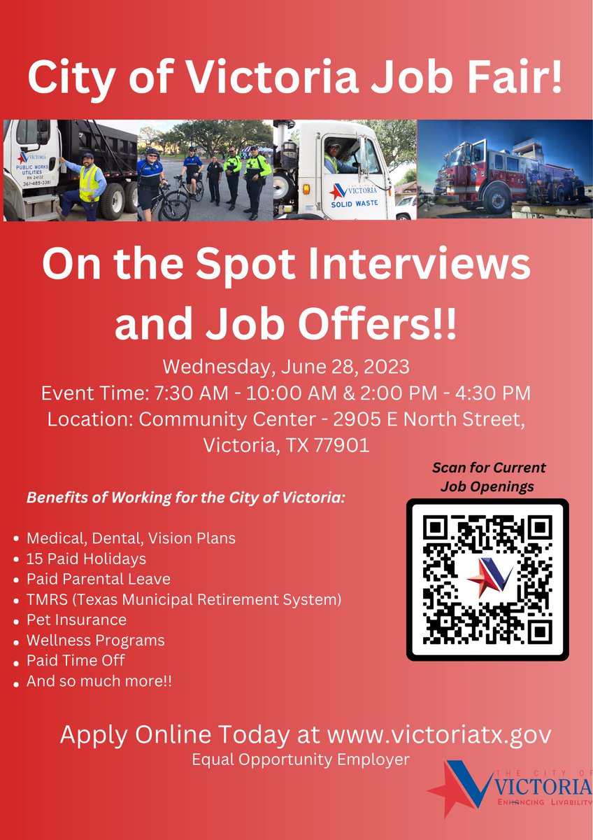 The City of Victoria is also hosting a job fair soon! The job fair will be held on Wednesday, June 28th. On the spot interviews will also be happening! Scan the bar code down below to see all open positions. 
#uhv #jagfam #careerdevelopmentcenter