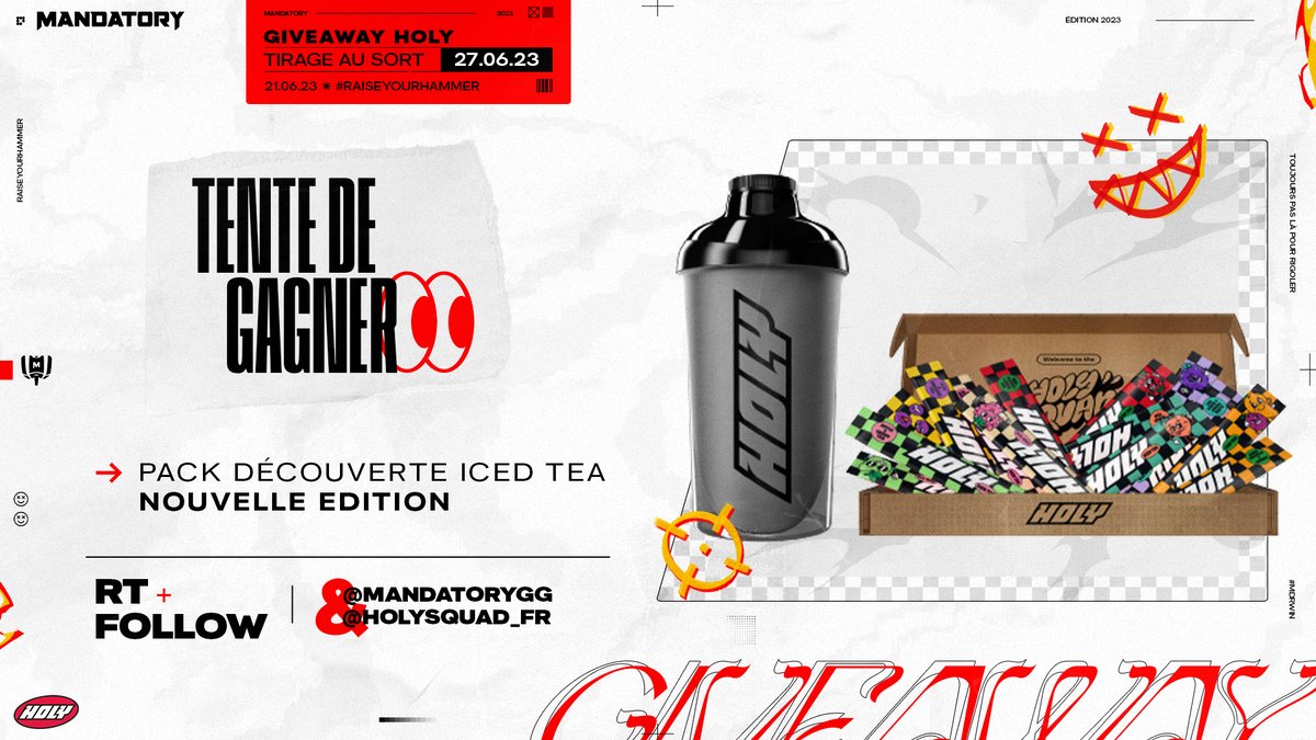 On vous fait gagner 5 éditions des packs découvertes Iced Tea Holy avec 2 nouvelles saveurs : Fruit de la passion et Raisin rouge ! 🍇🥤

Pour participer 👇

👤 Follow <a href="/MandatoryGG/">MANDATORY</a> et <a href="/holysquad_fr/">HOLY Squad France®</a>
🔁 RT ce tweet 

T.A.S le 27/06/2023