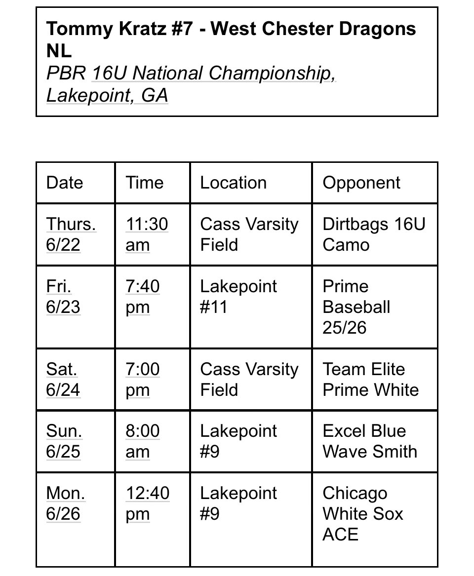 Tommy Kratz (@kratztommy) on Twitter photo Playing at the 16u PBR National championships in Georgia. Here’s my schedule! <a href="/WestChesterDrag/">West Chester Dragons Baseball</a> <a href="/WCDragons_24_25/">WC Dragons 2024/2025</a> <a href="/T_Wills1/">Ted Williams</a> @GregWilliamsPBR <a href="/DanCevette/">Dan Cevette</a> <a href="/ShooterHunt/">Shooter Hunt</a> @PBR_Uncommitted @PBRPennsylvania Playing at the 16u PBR National championships in Georgia. Here’s my schedule! <a href="/WestChesterDrag/">West Chester Dragons Baseball</a> <a href="/WCDragons_24_25/">WC Dragons 2024/2025</a> <a href="/T_Wills1/">Ted Williams</a> @GregWilliamsPBR <a href="/DanCevette/">Dan Cevette</a> <a href="/ShooterHunt/">Shooter Hunt</a> @PBR_Uncommitted @PBRPennsylvania