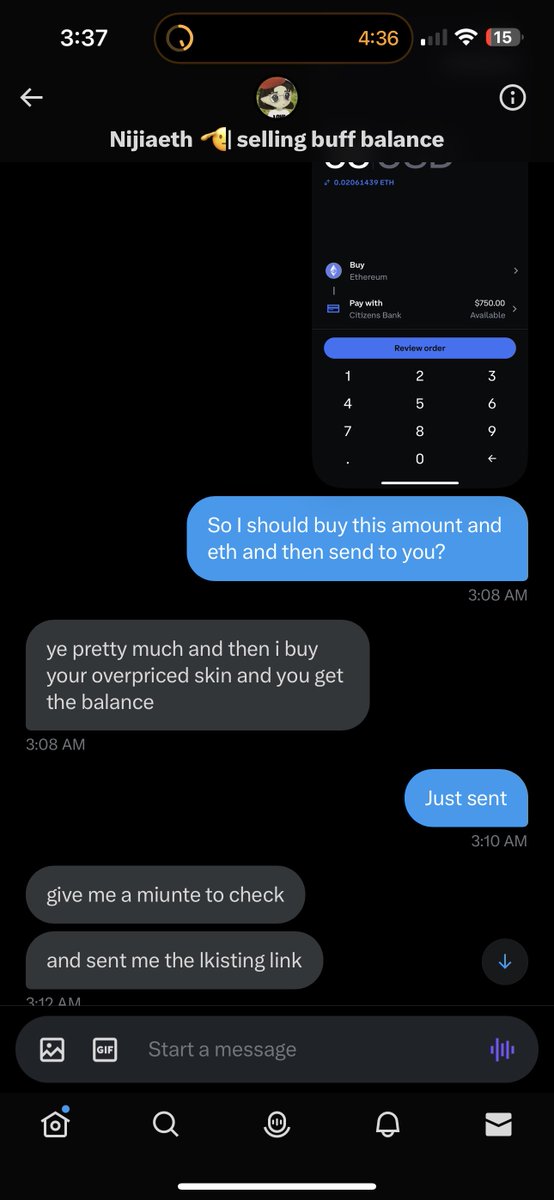 charmsladcs's tweet photo. thread 1/4🧵

⚠️ BEWARE OF SCAMMER⚠️
Here is info &amp; screenshots that prove @Nijiaeth is scamming ppl with buff bal. 

I tried to get 270 RMB from them and they walked me through how to list my item and send them crypto for it so they would buy it so I could get the bal BUT https://t.co/klzhM4SjmG