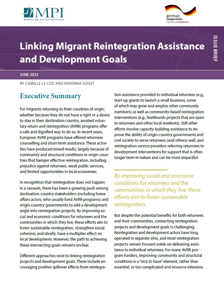 Enhancing development in migrant-origin communities can improve the successful reintegration of returned migrants Learn more about the benefits of connecting reintegration projects with development goals in new brief by @CamilleLeCoz @RavennaSohst migrationpolicy.org/research/migra…