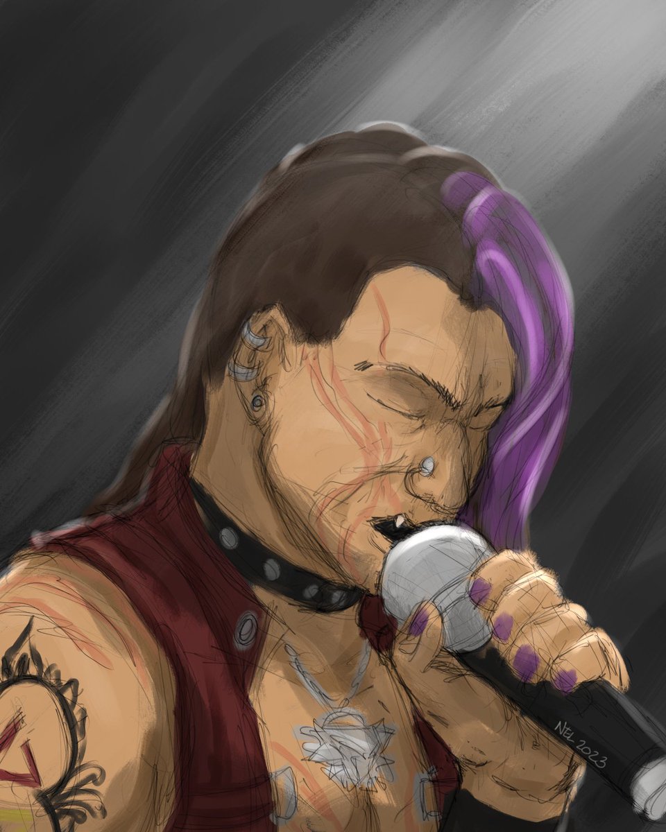 Disturbed's cover of Sound of Silence came up in my playlist cycle this morning and I was sort of slapped silly with inspiration.

So here's a little self indulgent quick sketch and colour. 💜🐺