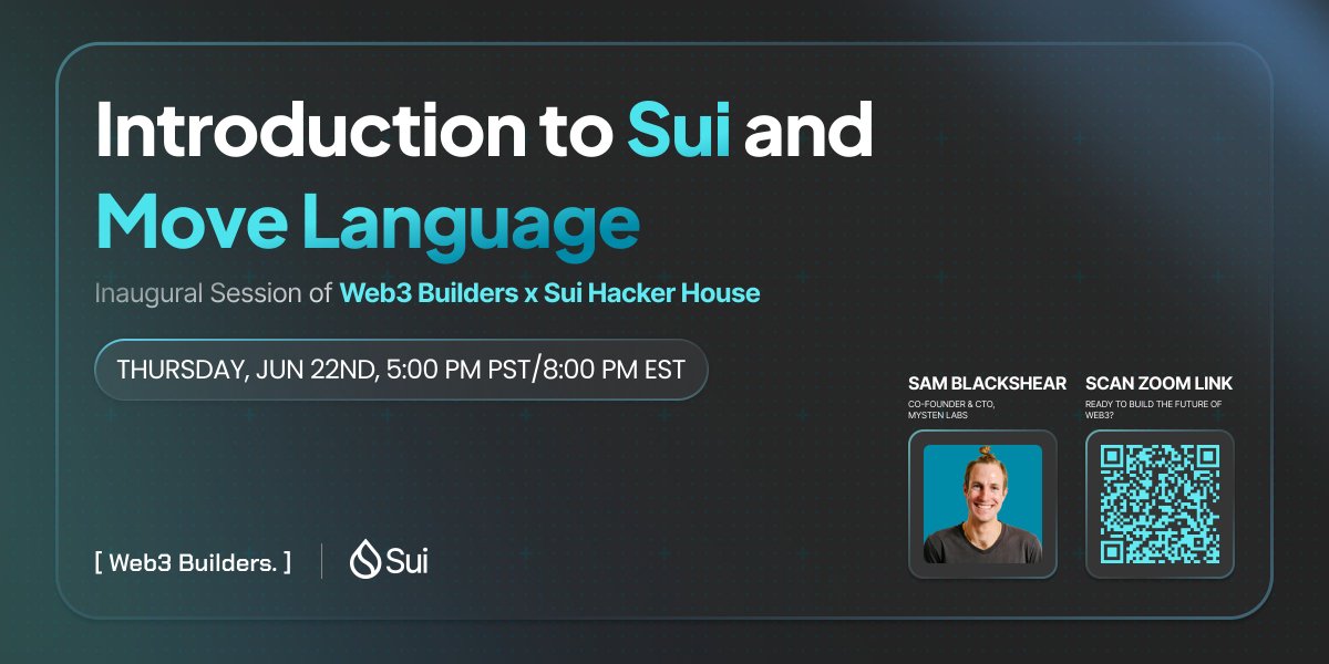 Join us this Thursday, June 22, for an overview of
<a href="/SuiNetwork/">Sui</a> blockchain and its native smart contract Move language with the Co-Founder and CTO of <a href="/Mysten_Labs/">MystenLabs.sui</a>, <a href="/b1ackd0g/">Sam Blackshear</a> Sam Blackshear. lu.ma/flnno6pr