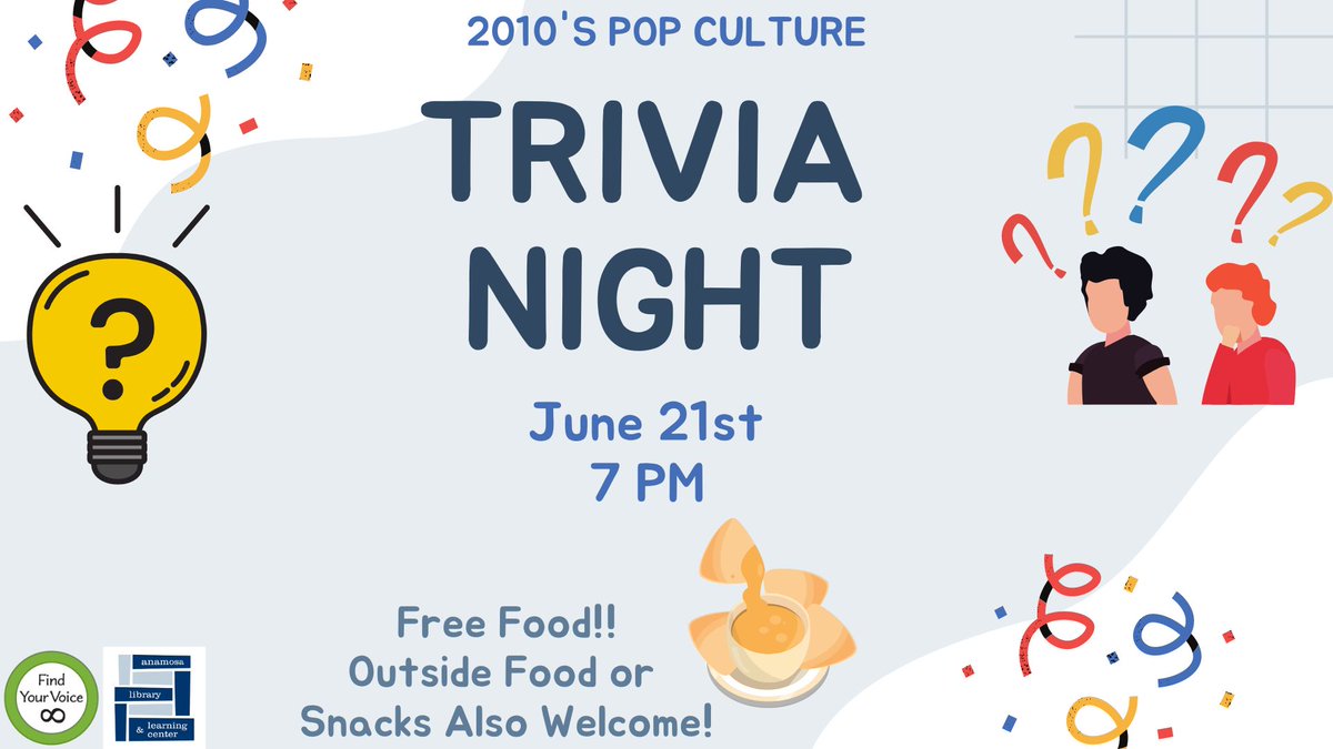 AnamosaLibrary's tweet photo. Tonight, June 21st at 7 PM is our 2010's Pop Culture Trivia Night! See you there!

A wild time of Game of Thrones, Katy Perry, 1D and sooo much more happened in the 2010's. Join us to test your knowledge of pop culture, pop songs, and all things 2010's! https://t.co/lgj43NifNY