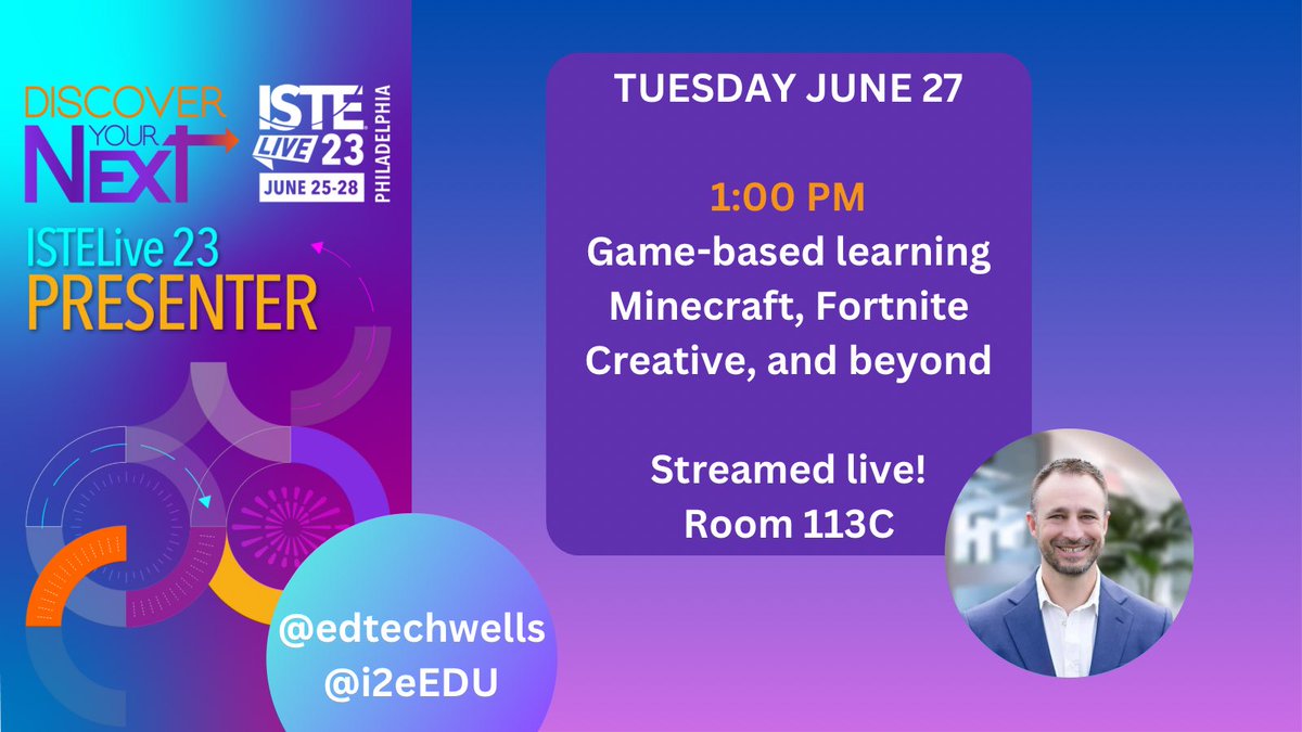 Looking forward to presenting on Tuesday at #ISTELive23 both in-person and being streamed live for those #NotatISTE! 

Join me for some #GBL fun with special messages from @StephenReidEdu and @mr_isaacs with some free #MinecraftEdu lessons and more! 

#MIEExpert #FortniteCreative