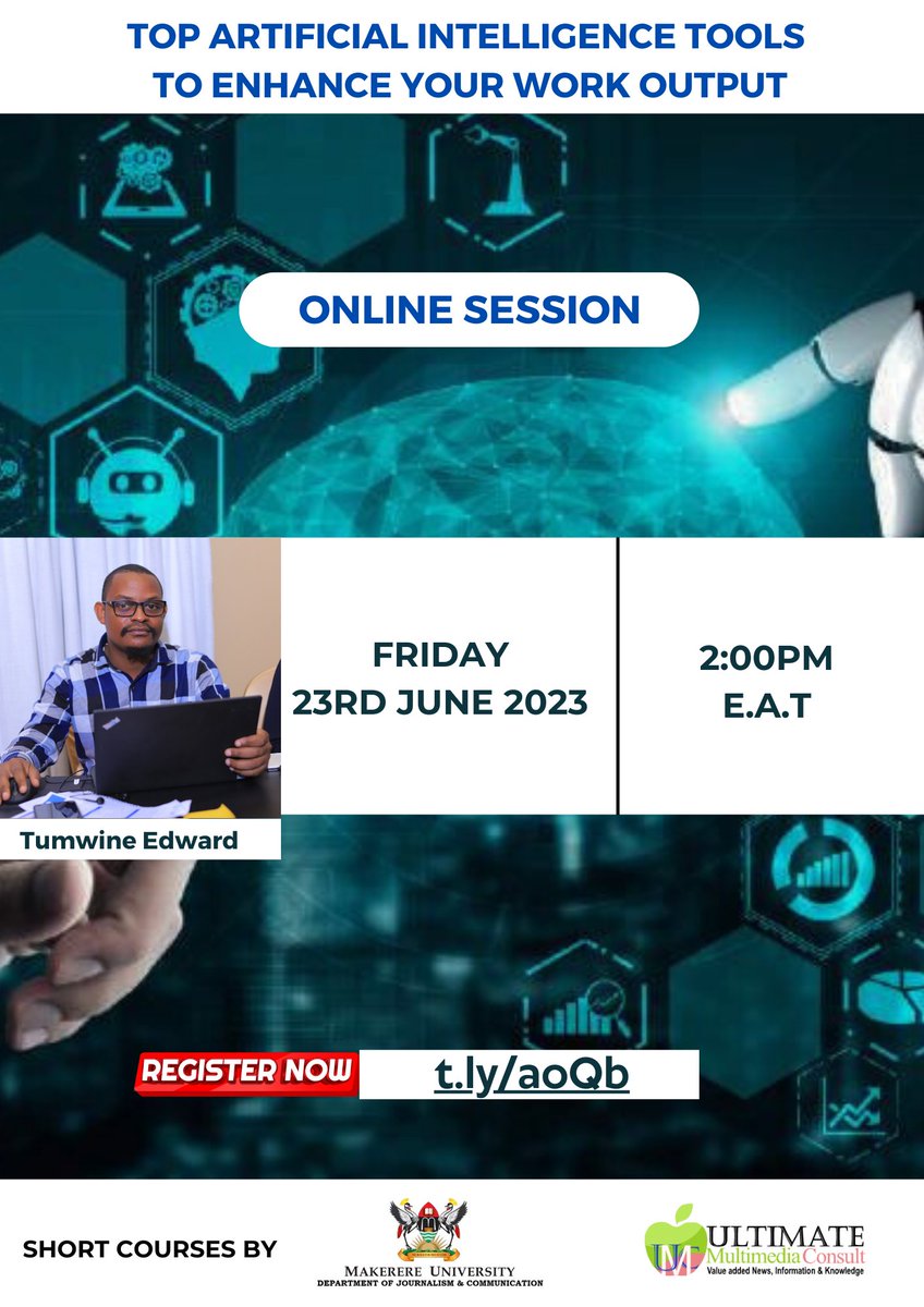 Join @tumwineedward for an online session on Top AI tools to enhance your work productivity. 📅 Friday 23rd June 2023 ⏲️2:00pm E.A.T Registration link: t.ly/aoQb