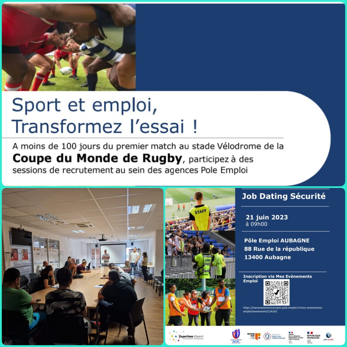 #TousMobilisés pour la <a href="/RugbyWorldCupFR/">Rugby World Cup FR 🇫🇷</a>, les recrutements continuent ❗️ 
📣 Aujourd'hui à l'agence @pole_emploi #aubagne, un job dating a été organisé avec 3️⃣ entreprises.
De nombreux postes sont encore à pourvoir sur pole-emploi.fr.