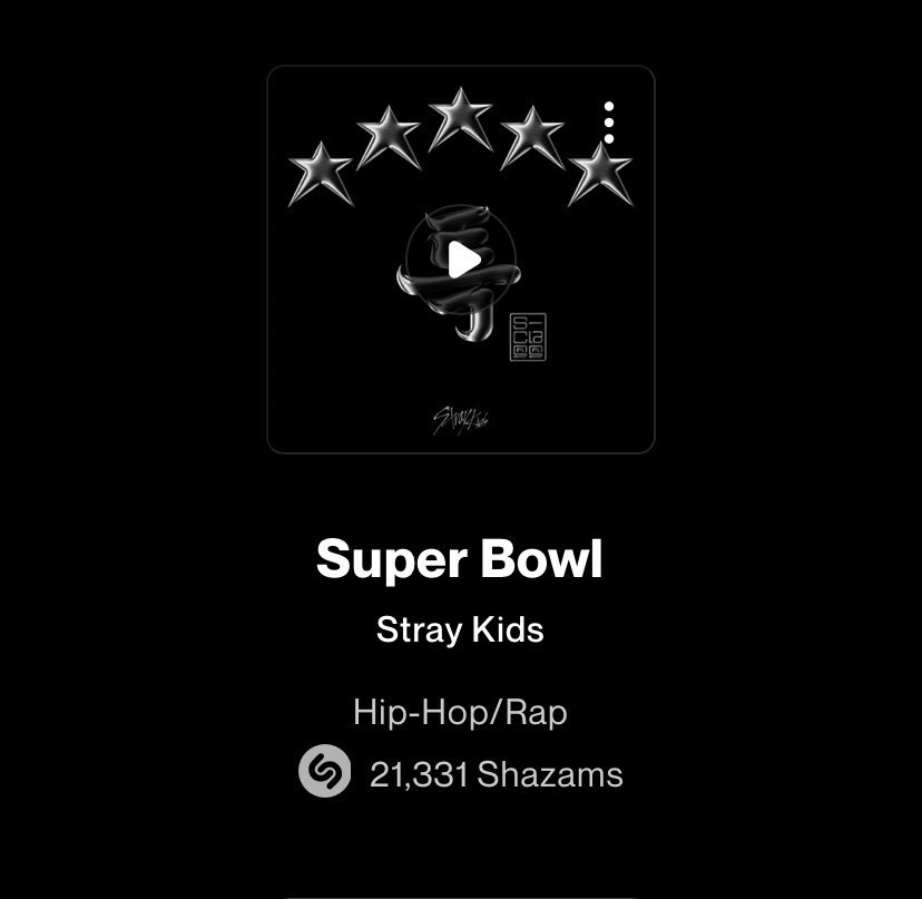 strayshazam's tweet photo. “SUPER BOWL” by @Stray_Kids has now surpassed 20k Shazams!

#StrayKids #스트레이키즈 #S_Class #5_STAR https://t.co/rh9cHtnMX1