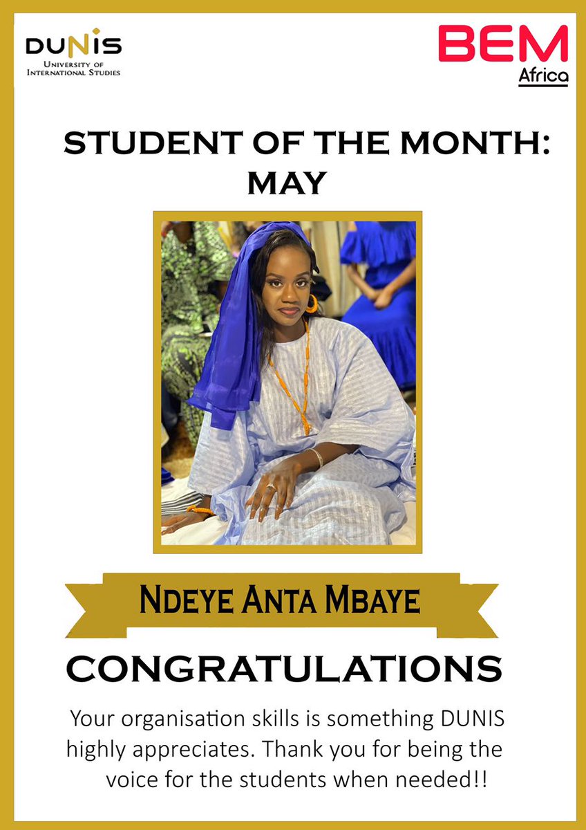 DunisAfricaSn's tweet photo. Dear All,
lp us CONGRATULATE #Ndeye_Anta_MBAYE for being the DUNIS Student of the Month.
🥳👏Ndeye Anta MBAYE is a Bachelor 2 Student in Computer science
Keep up the good work!

#dunis #bemafrica #stom https://t.co/RxqaJapIcm