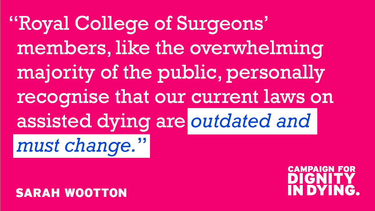 Last week, the Royal College of Surgeons voted to drop their opposition to assisted dying. They now have a neutral stance.

6 in 10 RCS members personally support law change to allow assisted dying for terminally ill people.

Our CEO, @sarah_wootton, welcomed this change.