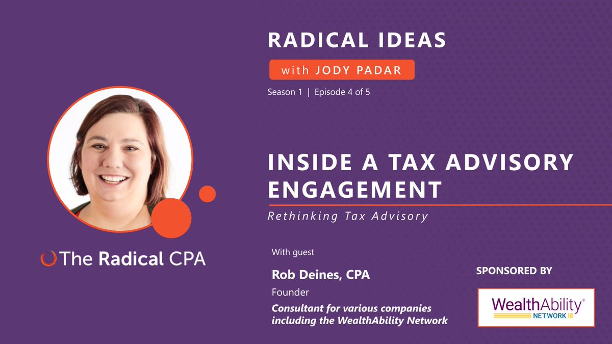 JodyPadarCPA's tweet photo. “The difference between becoming a tax advisor [and not just a tax preparer] is to be proactive.” - Rob Deinis, consultant to the WealthAbility Network 

Watch to hear more: https://t.co/r6HC7fNc8L 

#cpa #accountant #taxtwittter #WealthAbility #radicalideas #ad https://t.co/fBLVYTNf4A