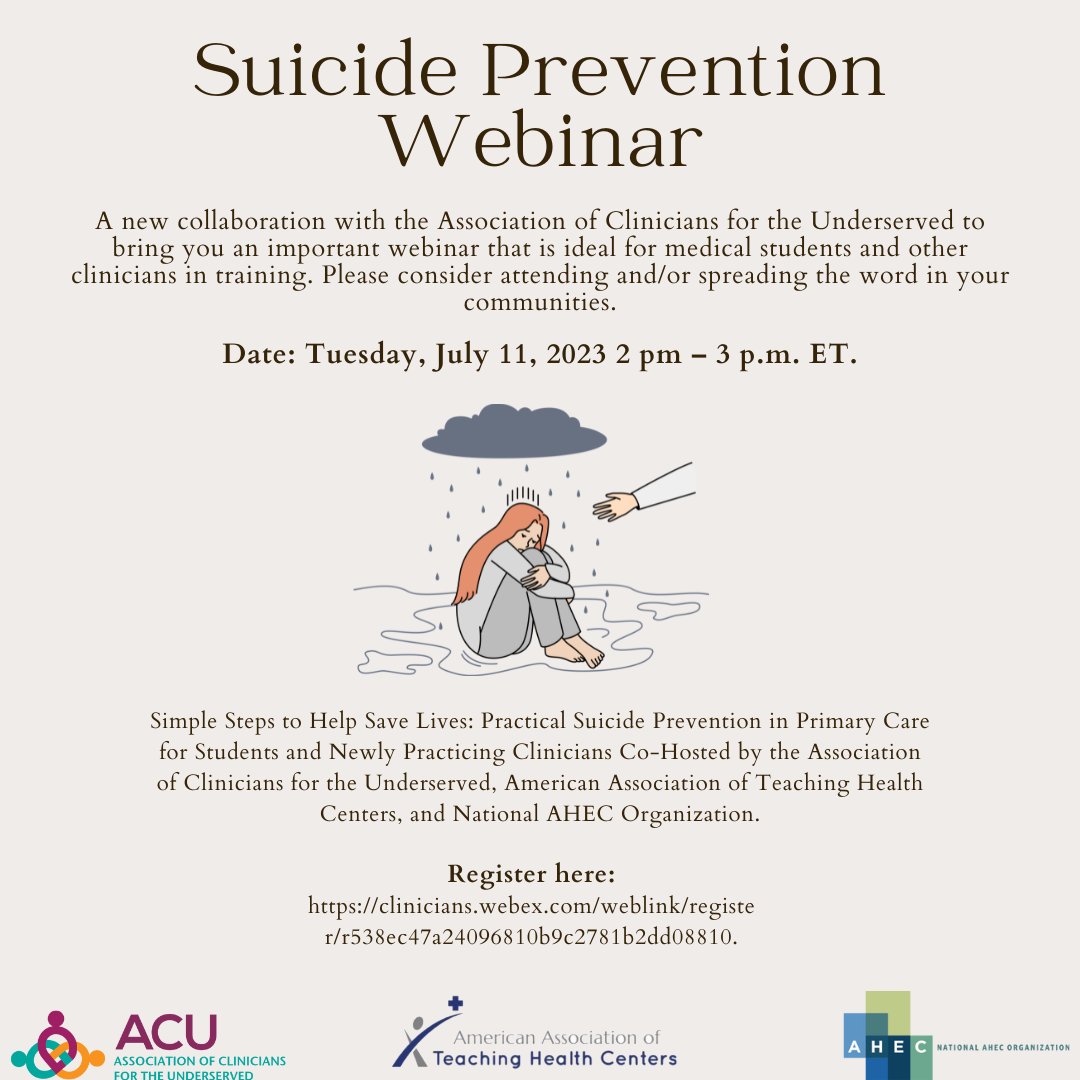 Strategies to help prepare students—or refresh practicing clinicians—in identifying, assessing, and intervening with patients at risk for suicide.

July 11th 2 pm-3 pm
#RegisterNow clinicians.webex.com/weblink/regist…

#RuralHealthcare #Healthcare #Education #SuicidePrevention #July11th