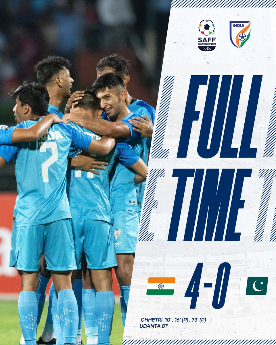 ANI's tweet photo. SAFF Championship 2023 | Sunil Chhetri's hattrick guides India to a 4-0 win over Pakistan, as India begins its campaign 

(Pic: All India Football Federation Twitter account) https://t.co/kqVMvx9n7x