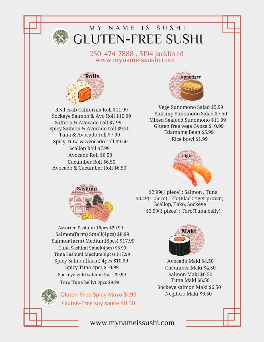 TheCeliacScene's tweet photo. 🥢 At last! #GlutenFree #Gyoza by 'My Name is Sushi!’ 🍣 Gluten-free menu. #GF ingredients stored separately. Dedicated GF #preparea
🥢 Order entered online as ’All Gluten Free.' Dishes & sauces were clearly labelled GF.
🍣 https://t.co/Vkyp56XMAW 3194 Jacklin Rd Langford #celiac https://t.co/NkFQC1kO9k