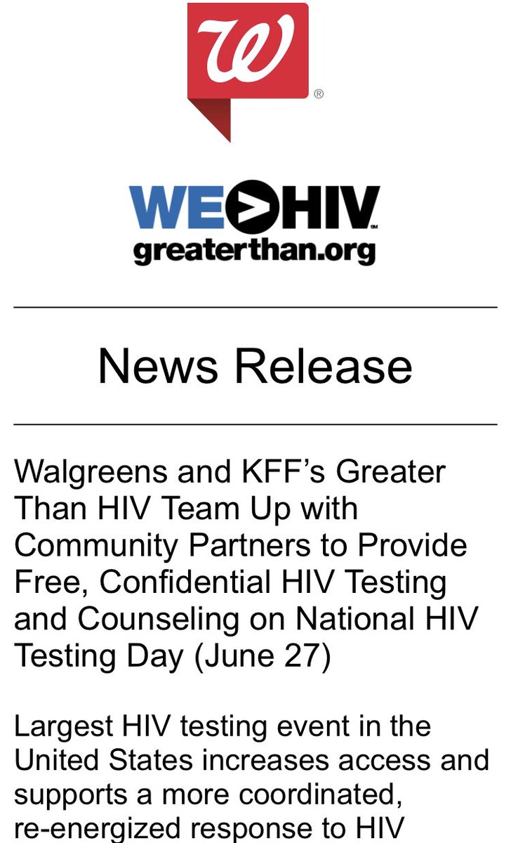 #NationalHIVTestingDay is June 27th so now is the time to schedule an appointment OR utilize the FREE & confidential testing services that will be offered at over 400 Walgreens locations nationwide, no appointment needed! Knowing your status is power! @GreaterThanHIV