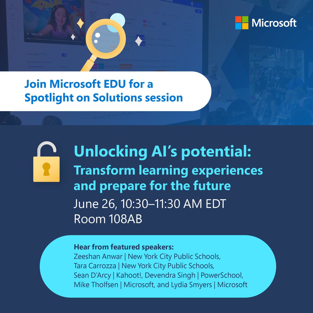 Don’t miss out on this highly anticipated session at #ISTELive 23!

Join speakers from @NYCSchools, #MicrosoftEDU, and more to hear how #AI can transform learning for students and educators. Save it to your agenda: msft.it/6018gUx7G