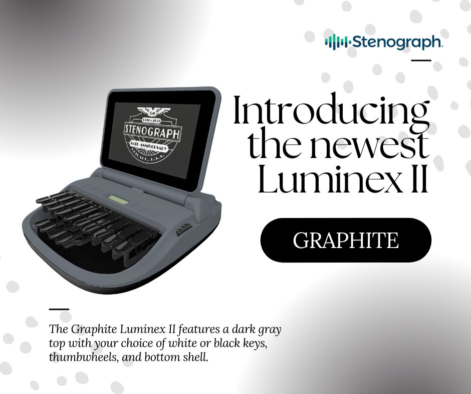 We have a new color that we’ve added to the Luminex II lineup. Meet Graphite! It’s a rich, dark gray color featuring your choice of white or black keys, thumbwheels, and bottom shell. Read all the details in our press release conta.cc/46haLnV. #LuminexII #courtreporter