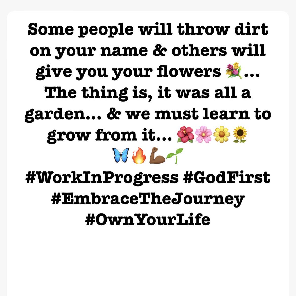 Some people will throw dirt on your name & others will give you your flowers 💐… The thing is, it was all a garden… & we must learn to grow from it… 🌺🌸🌼🌻
🦋🔥💪🏾🌱 
#WorkInProgress #GodFirst #EmbraceTheJourney #OwnYourLife