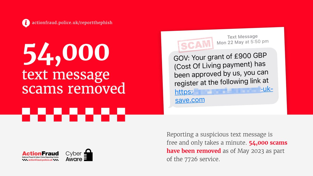 Ever reported a suspicious text message to 7726? 📱

As of May 2023, your reports have led to the removal of 54,000 scams.

✅ Report suspicious text messages by forwarding them to 7726 (it's free of charge)

#ReportThePhish