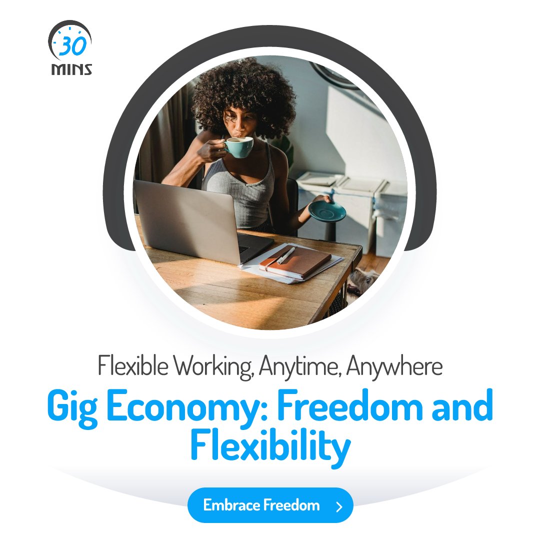 Benefits that come with the gig economy. This includes flexible working hours from any location, and greater independence with nobody to look over shoulders. Sign up now: 30mins.com/signup
#flexible #freedom #workinghours #independence