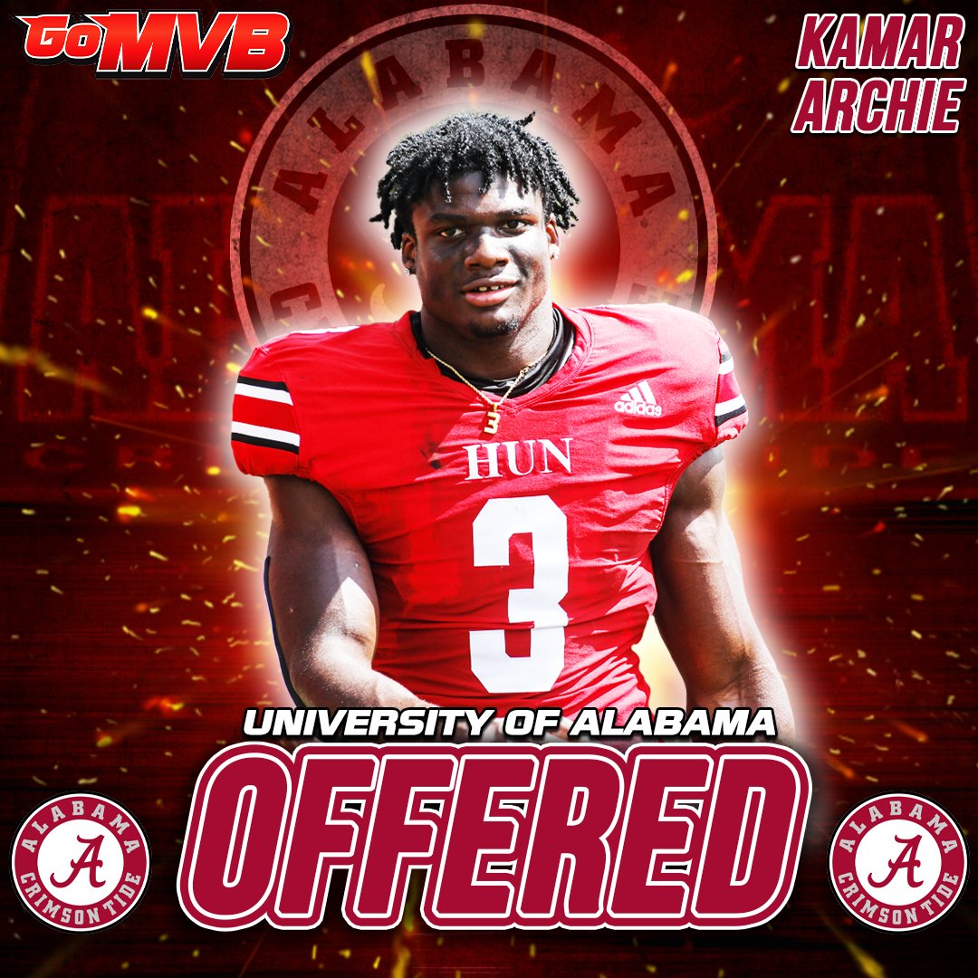 Kamar Archie has officially been offered by The University of Alabama!! ROLL TIDE! 👀🔥🐘
'25 RB/LB
The Hun Raiders, NJ
More Info: GoMVB.com/kamararchie
Follow: @KamarsirArchie

#gomvb #hsfootball #athlete #offer #collegerecruit