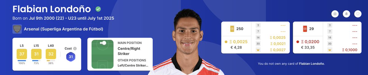 CappedModepicks's tweet image. Another pick for GW 373 is Londoño. Londoño plays for Arsenal de Sarandí who will play against CA Platense who are in 13th place in the Liga Profesional de Fútbol at home this GW. Londoño has a Capped Mode cost of 31. #Sorare #CappedMode.