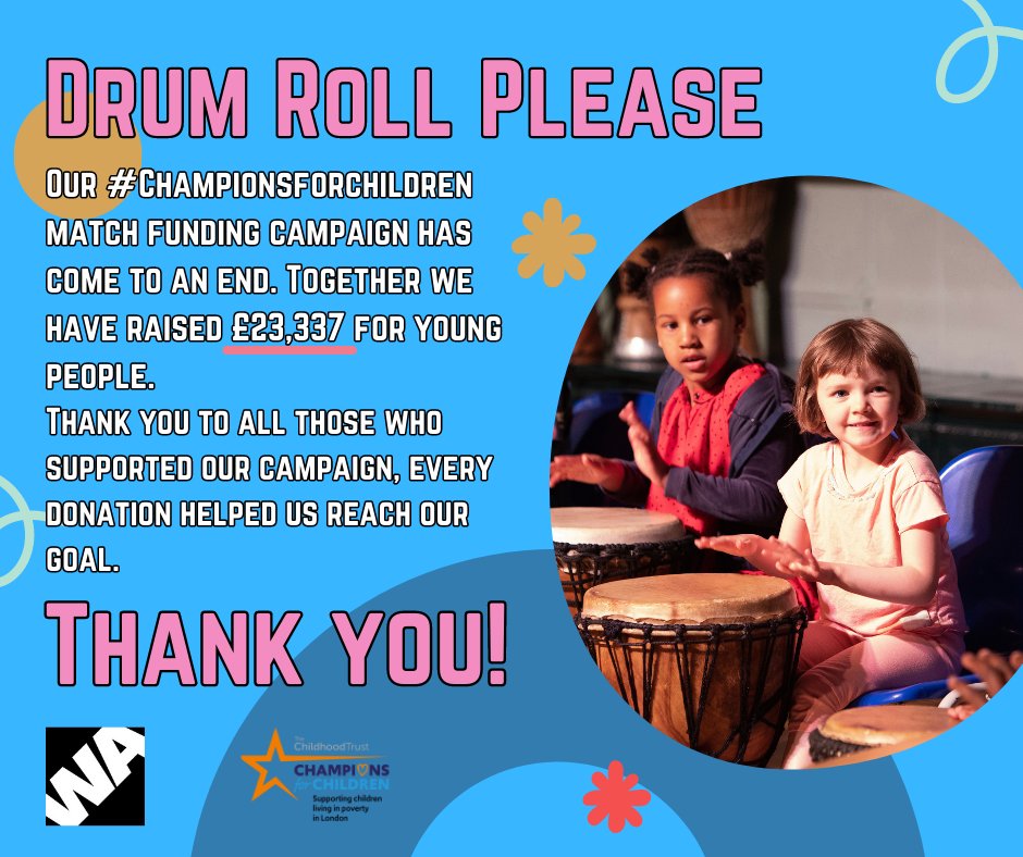 Drum Roll, Please! 🥁🪘
Our #championsforchildren match funding campaign has come to an end! Together we have raised £23,337 for young people! How amazing 🎉
We appreciate your support for our campaign; every donation helped us reach our target! 🏆 
#wacarts #empoweryoungpeople