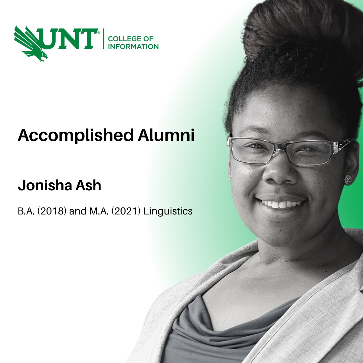 UNTCOI's tweet photo. What makes Bloomberg Data Analyst Jonisha Ash an Accomplished Alumni? Read to find out: https://t.co/K7pgCdlBuj

#UNTCOI #UNTLING #UNT #UNTglobal #UNTonline #UNTresearch #iSchool #UNTalumni #Linguistics #Bloomberg #Technology https://t.co/Yn9J3JCO2X