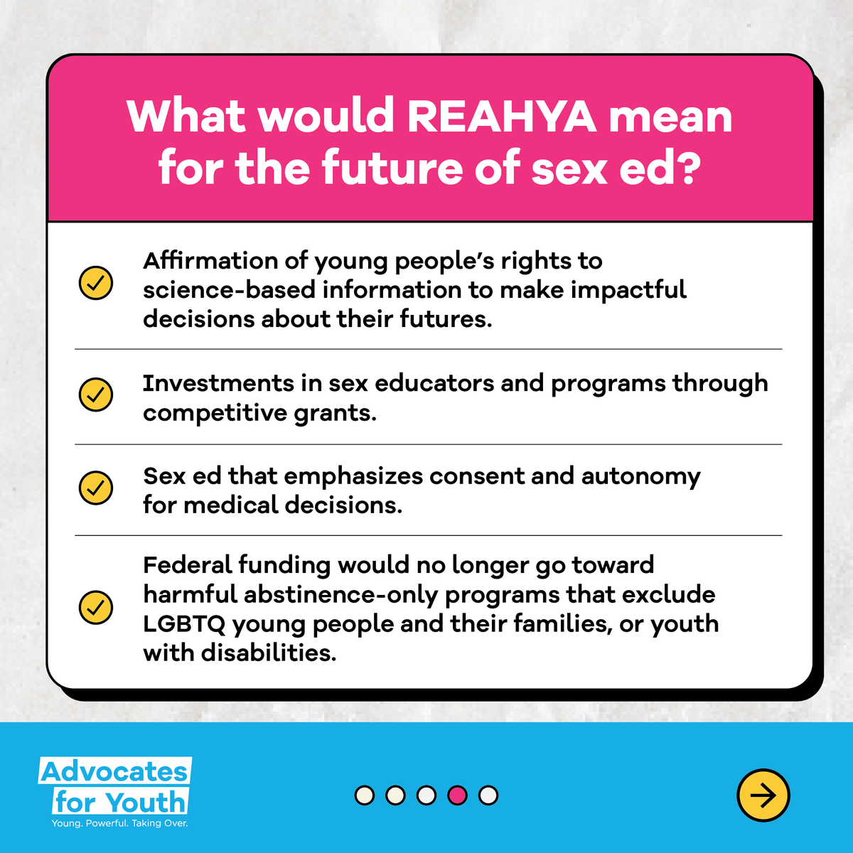 AdvocatesTweets's tweet photo. The Real Education and Access for Healthy Youth Act (REAHYA) is a crucial step towards ensuring all young people have access to quality sex education.
β‘οΈ Learn more about #REAHYA and what it could mean for the future of sex ed #ReUpREAHYA now! β #SexEdForAll https://t.co/u3UeFTj0lo
