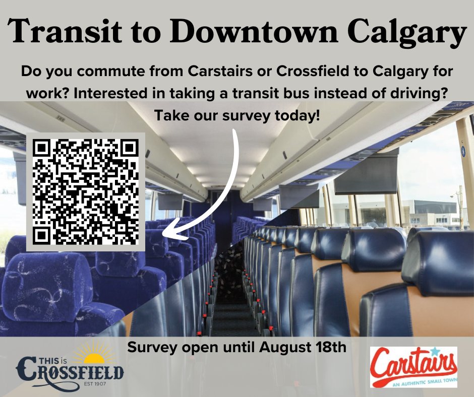 Would you be interested in a transit bus service between Carstairs to Calgary during the week?  The towns of Carstairs and Crossfield are looking for feedback from residents on transit services to Calgary. Survey open until August 18th. surveymonkey.com/r/8DWX9GC