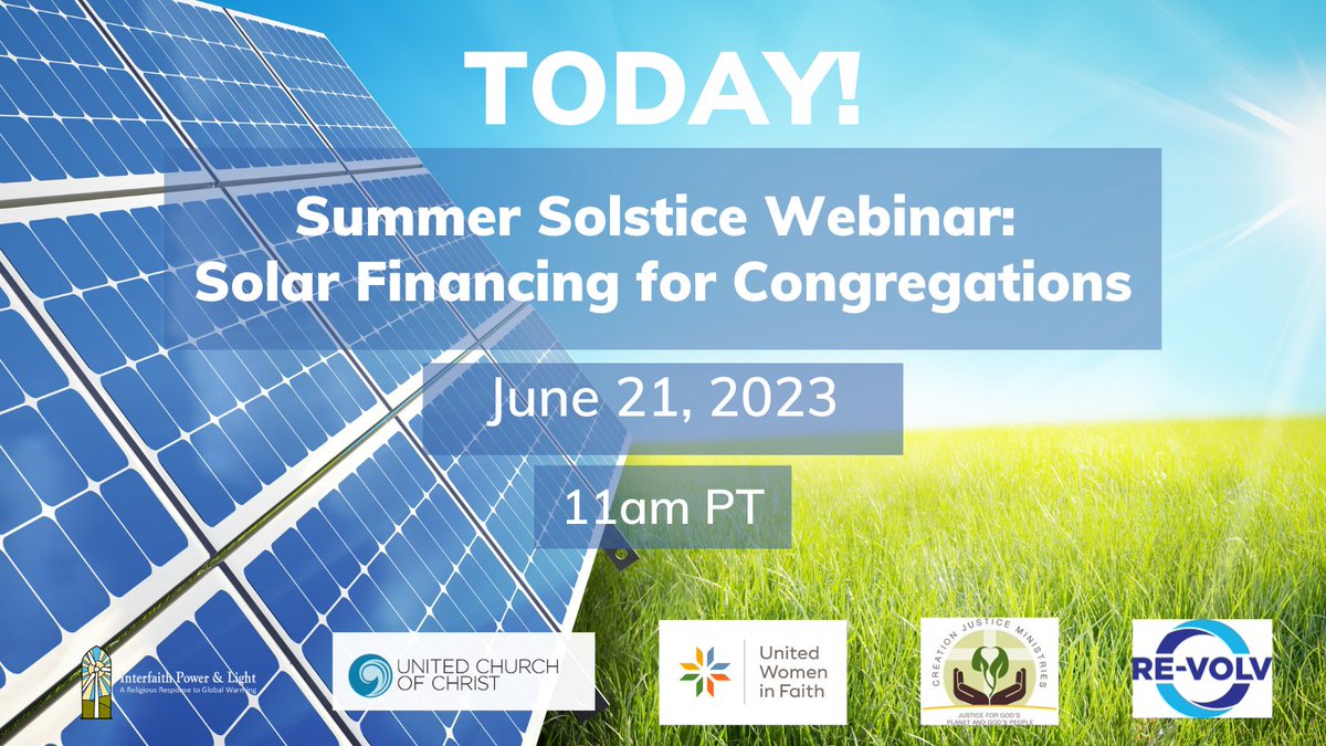 interfaithpower's tweet photo. Join IPL to learn how to finance solar at your congregation TODAY, June 21 at 11 am Pacific/ 2 pm Eastern. Featuring REvolv, a nonprofit solar financing organization.
Register: https://t.co/OmG1k9heRF 

@RE_volv https://t.co/O8ZtDAlfD8