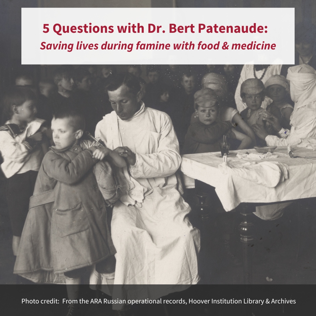 We discussed with Dr. Bertrand Patenaude the pivotal role medical aid can play in saving lives during famine — something he illuminates in his new book, 'Bread + Medicine: American Famine Relief in Soviet Russia,1921–1923.' @HooverArchives globalhealth.stanford.edu/research/5-que…